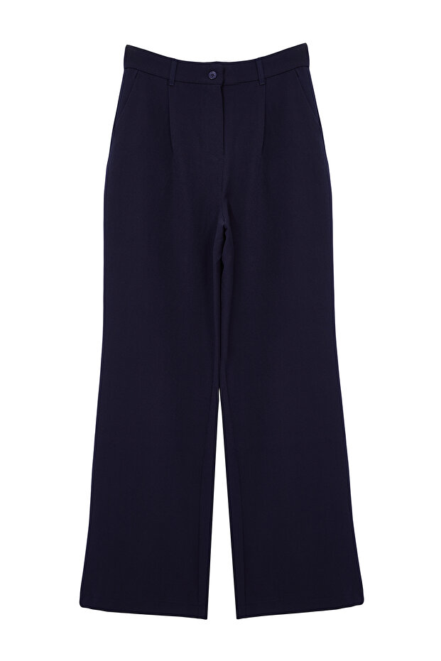 Koyu Lacivert Yüksek Bel Wide Leg/Geniş Paça Pilili Dokuma Kumaş Pantolon TWOAW21PL0076 - 11