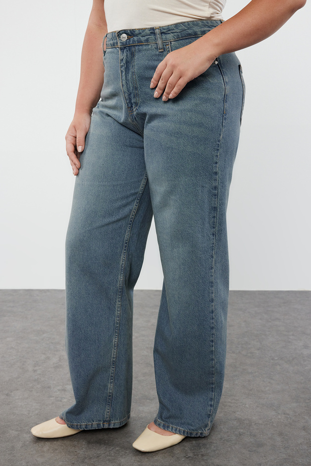 Mavi Yüksek Bel Soluk Efekt Vintage Yıkama Straight Fit %100 Pamuk Non-Stretch Jeans TBBSS24CJ00042 - 3