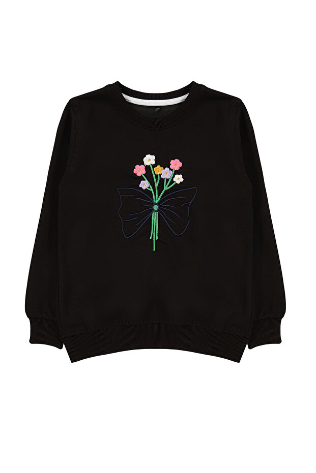 Siyah Kız Çocuk Mevsimlik-İnce Çiçek Nakışlı Örme Sweatshirt TKDAW25SW00008 - 1