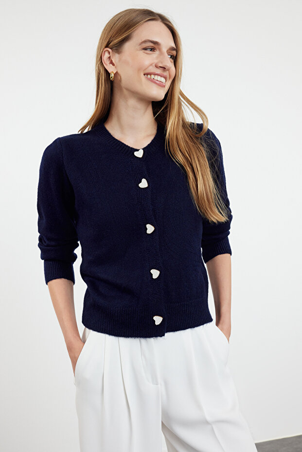 Navy Blue Soft Textured Jewel Button Jacket Look Knitwear Cardigan Twoaw22Hi0044