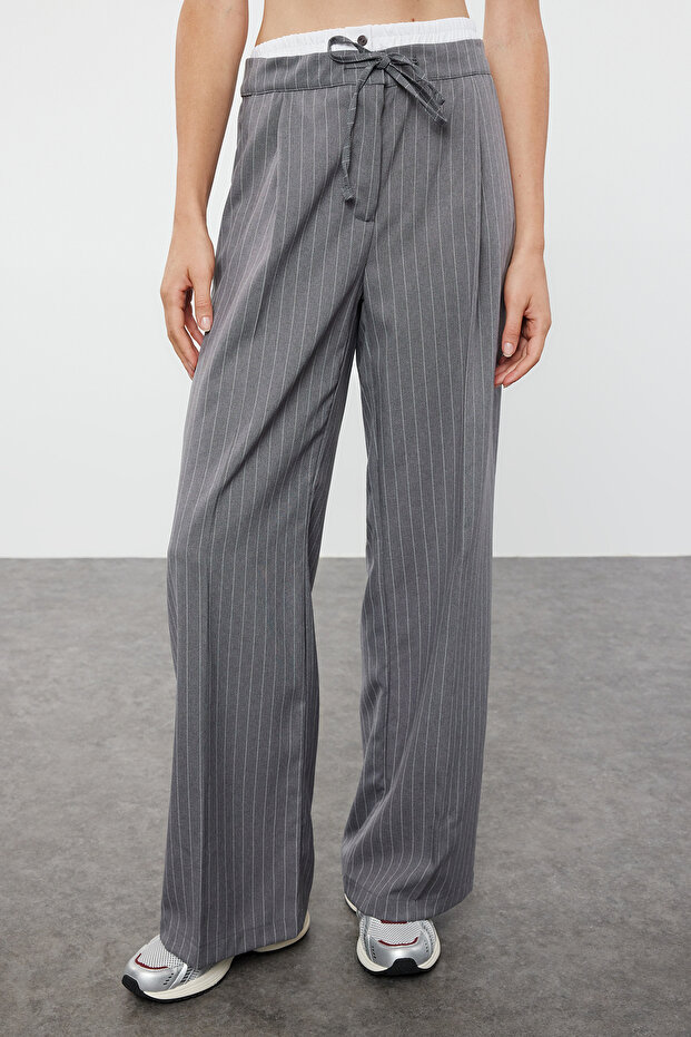 Gri Boxer Detalı Wide Leg/Geniş Paça Dokuma Kumaş Pantolon TWOAW25PL00014 - 3
