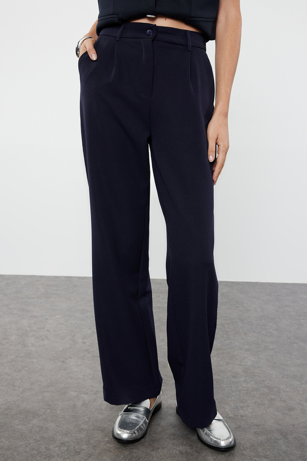 Koyu Lacivert Yüksek Bel Wide Leg/Geniş Paça Pilili Dokuma Kumaş Pantolon TWOAW21PL0076 - 9