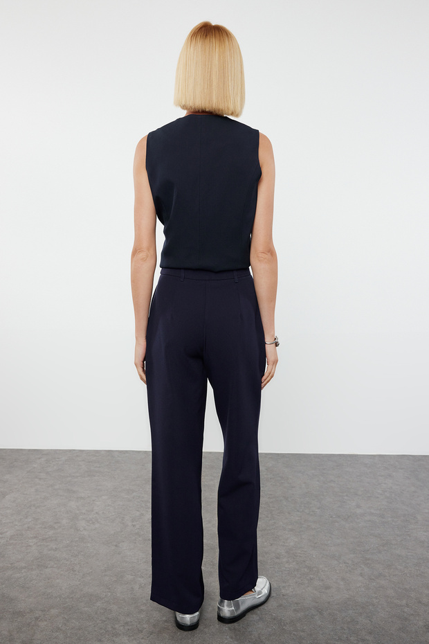 Koyu Lacivert Yüksek Bel Wide Leg/Geniş Paça Pilili Dokuma Kumaş Pantolon TWOAW21PL0076 - 10