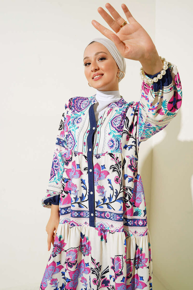 2423 Authentic Patterned Hijab Dress - Navy Blue - 2