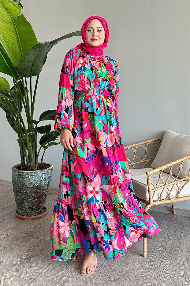 Floral Fuchsia Viscose Dress with Belt
