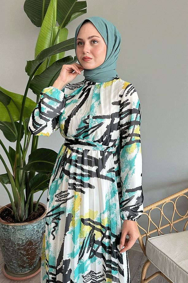 Karışık Şerit Desen Mint Şifon Elbise - 4