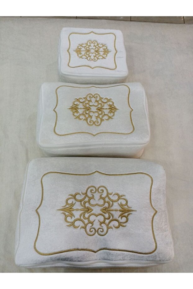 Dowry Velvet Gold Embroidered 3-Piece Bundle Engagement Bride Groom Storage Gold1