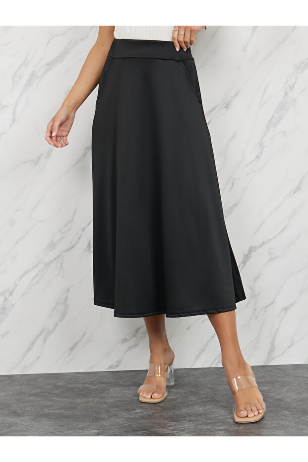 Solid Elastic Waistband A-Line Midi Skirt with Pocket Detail