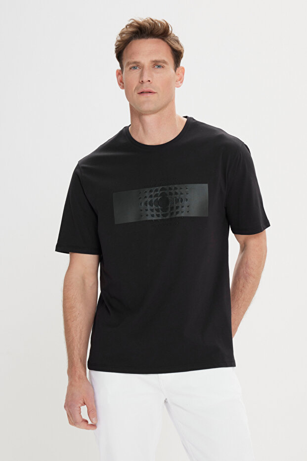 Modern Fit Rahat Kesim %100 Pamuk Baskılı Bisiklet Yaka Siyah Tişört - 1