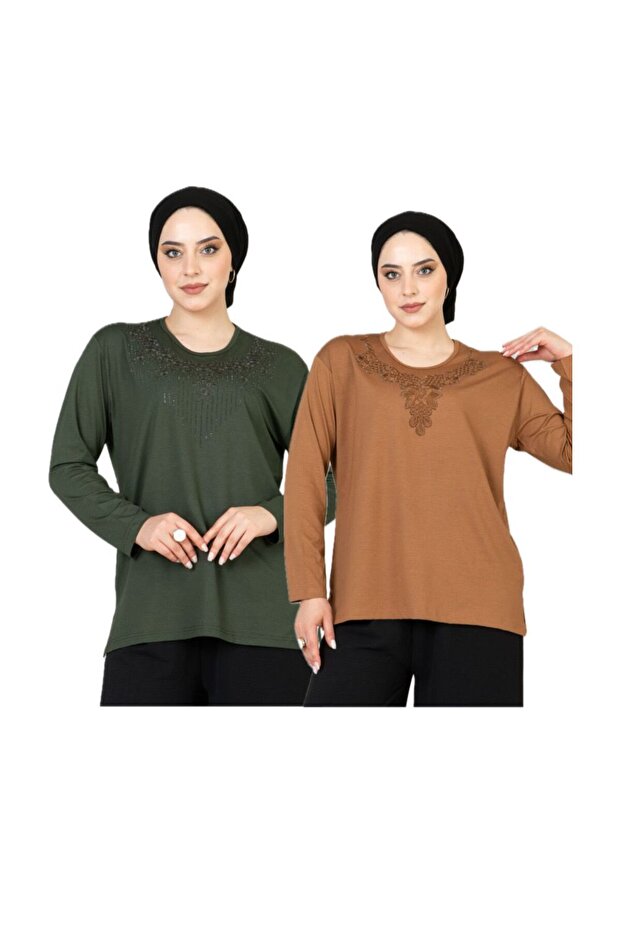 WOMEN'S MOTHER'S JERSEY 2-PIECE SET Stretch Fabric Long Sleeve Front Patterned Mother 'jersey Blouse Mother's Day Special Occasion (2 PIECES)