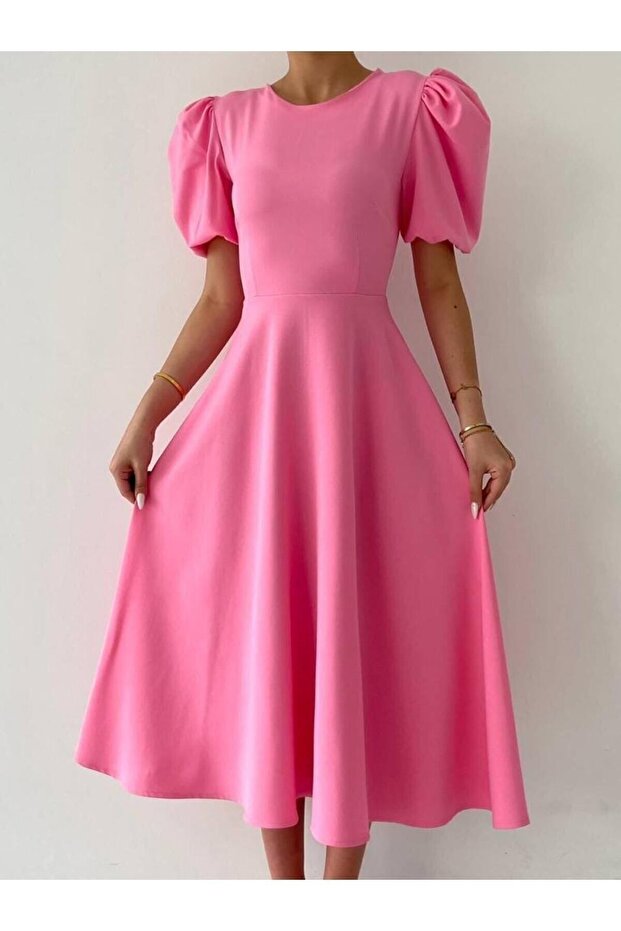 Pembe Karpuz Kollu Midi Boy Elbise - 1