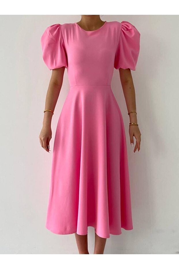 Pembe Karpuz Kollu Midi Boy Elbise - 2