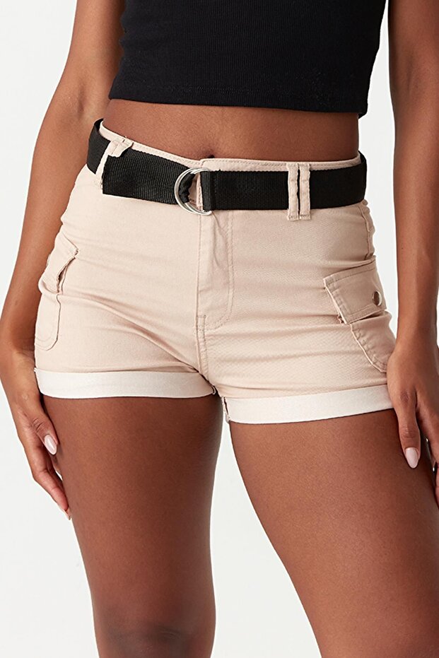 Kadın Vizon Kemerli Kargo Şort - 3