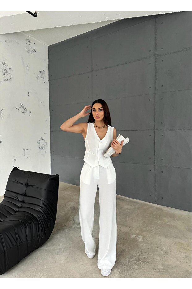 Λευκό Λινό Σετ - Basic Γιλέκο και Φαρδύ Παντελόνι - 1