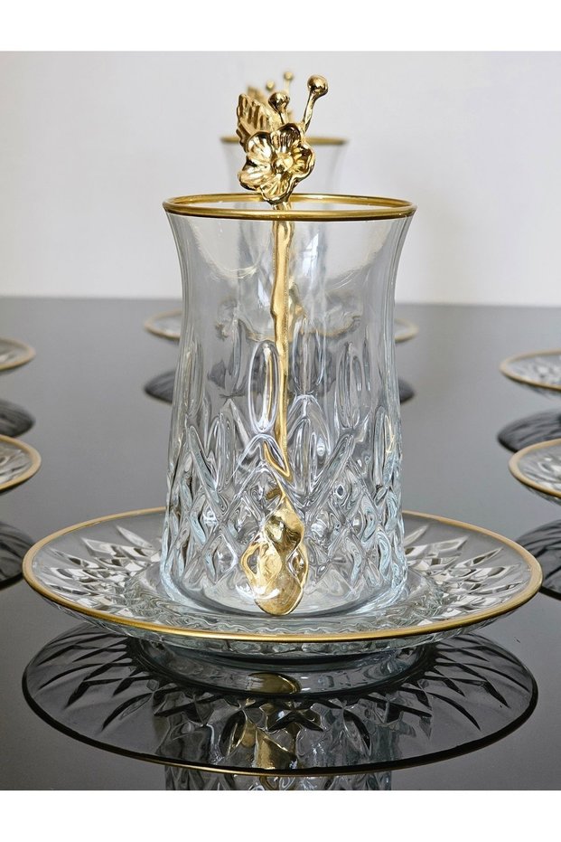 18 PIECES ODIN TEA SET JAPANESE ROSE TEA SPOON WITH GLASS PLATE WITH GOLD DETAIL