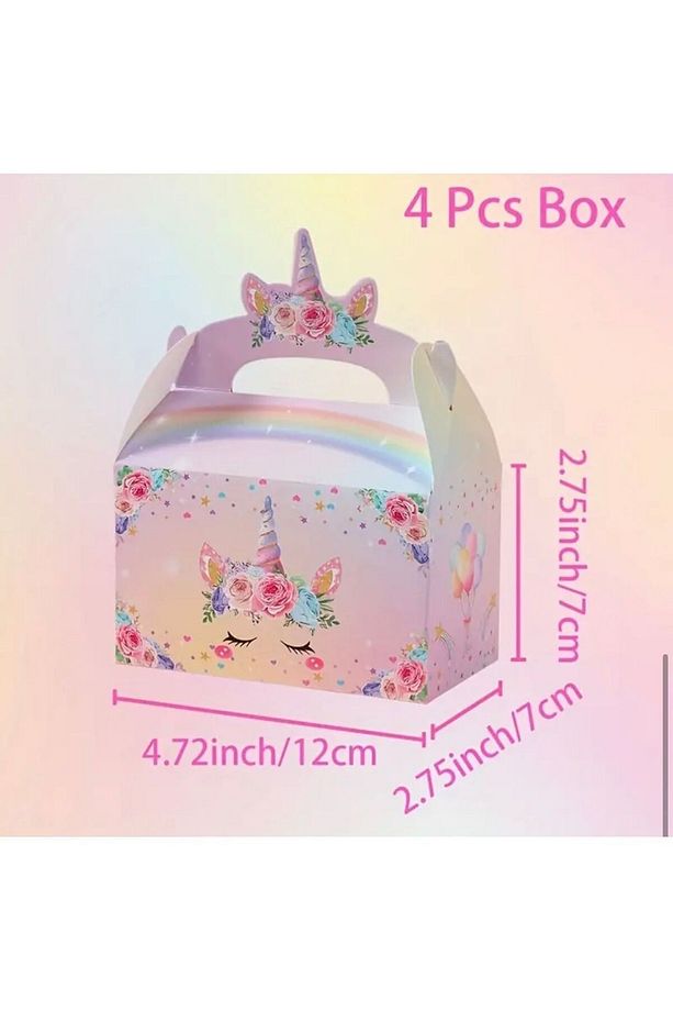 4 Adet Gökkuşağı Renkli Unicorn Ve Balon Desenli Hediyelik, Şeker Ve Çikolata Kutusu - 7