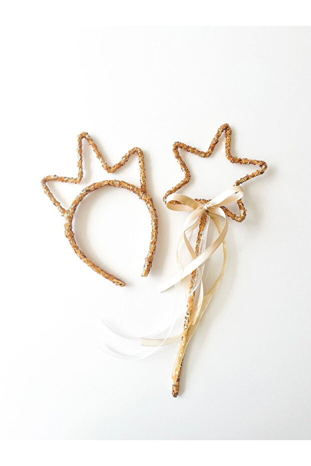 Sequin girl crown and star wand staff-gold