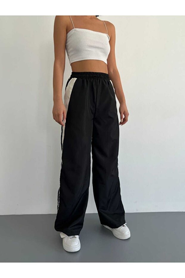 Black Parachute Fabric Trimmed Elastic Waist and Cuffs Adjustable Elastic Women's Trackpants