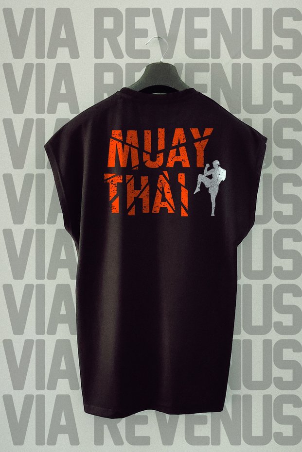Muay Thai Sleeveless Black Sports T-Shirt with Printed Print
