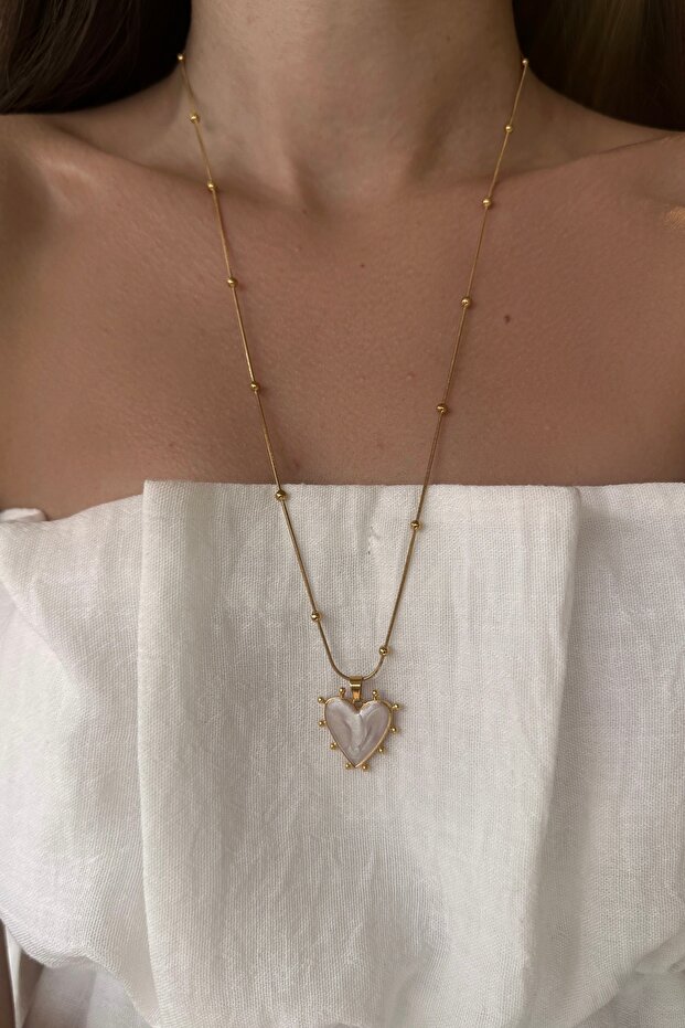 Steel White Enamel Heart Necklace