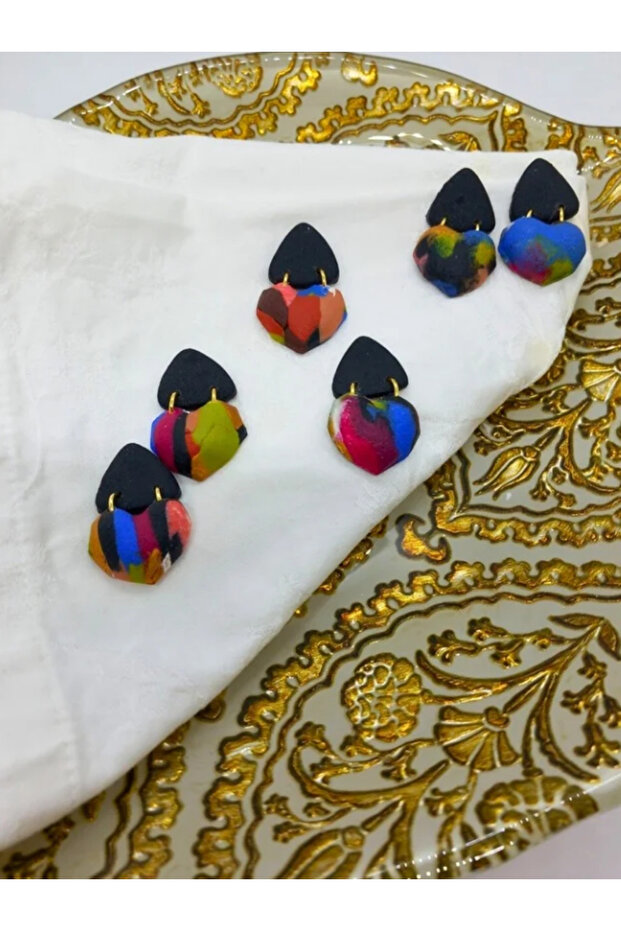 Handmade Custom Design - Polymer Clay Tip Dimensional, Heart and Triangle Earrings