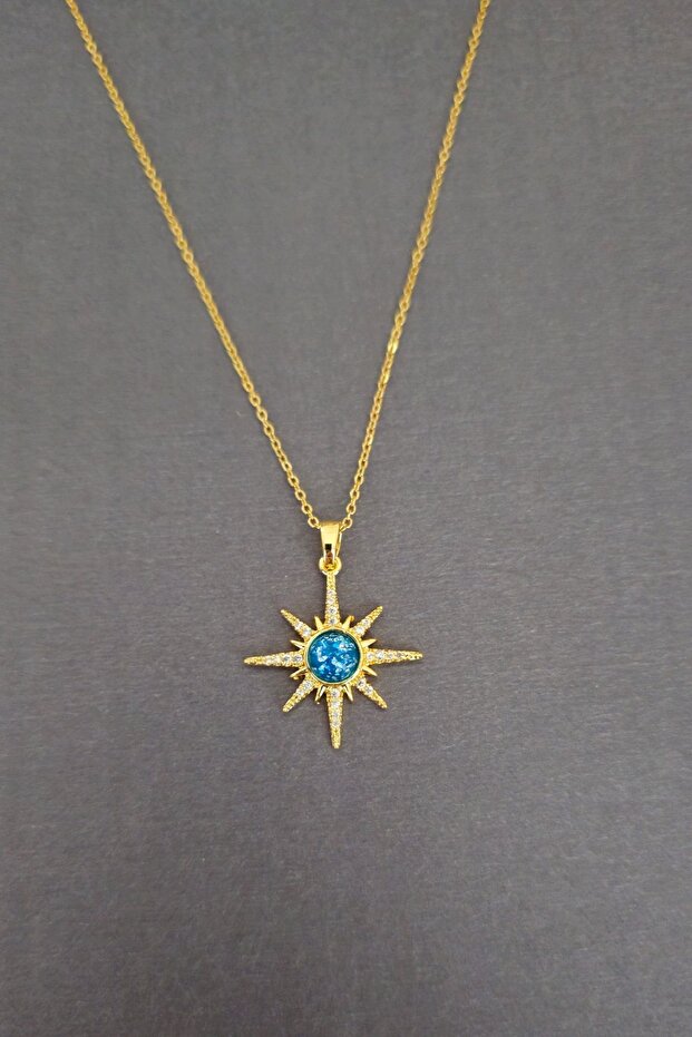 Space Blue Star Galaxy Planet Necklace - Steel Gold