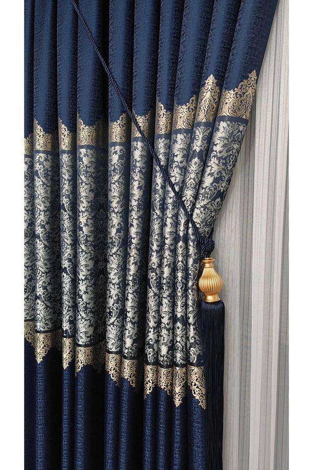Pano Fon Perde Lacivert Damask Çiçek Desenli Fon Perde SIK PİLE 1/3 TEK KANAT - 5