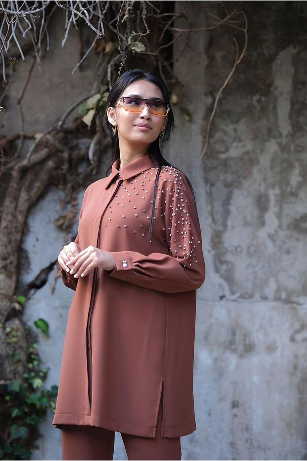 Omuzu taş detaylı massimo donna tunik kahve s-24-242 - 4