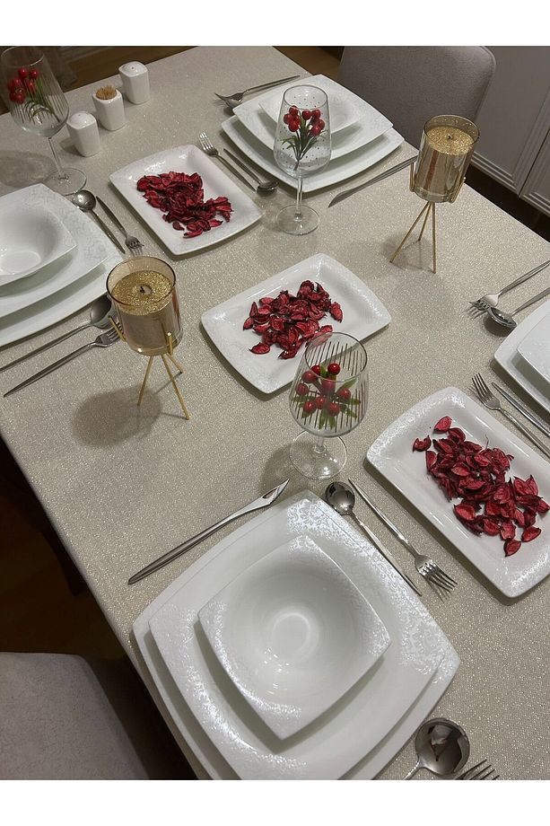 Polyester Keten Linen Simli Masa Örtüsü Gold - 9