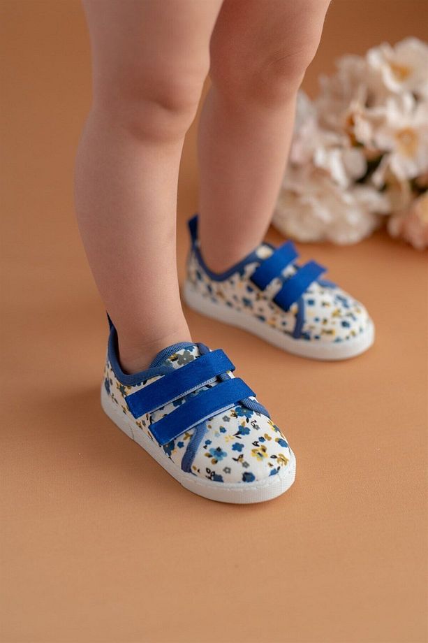 Çiçek Desenli Çift Cırtlı Keten Spor Çocuk Ayakkabısı-saks-f-498 - 1
