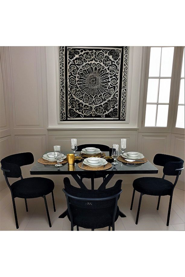 Modern Lüks Mermer Desenli X Ayak Siyah Masa ve Siyah Taytüyü Kumaşlı 4 adet Teddy Sandalye - 6