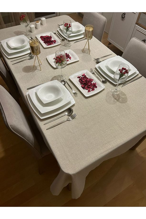 Polyester Keten Linen Simli Masa Örtüsü Gold - 1