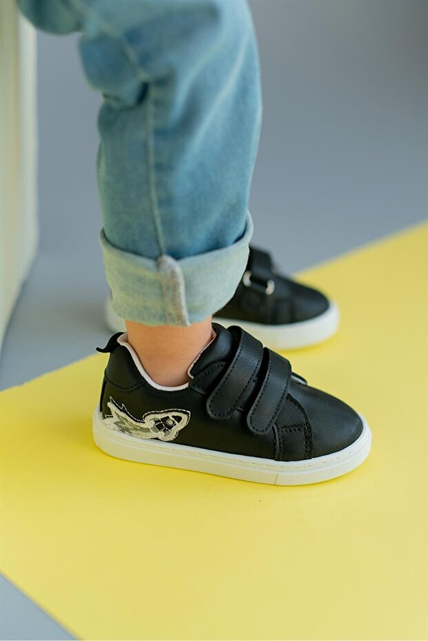 Rocket Embroidered Velcro Black Boy's Casual Sneaker Sports Shoes-s-1002
