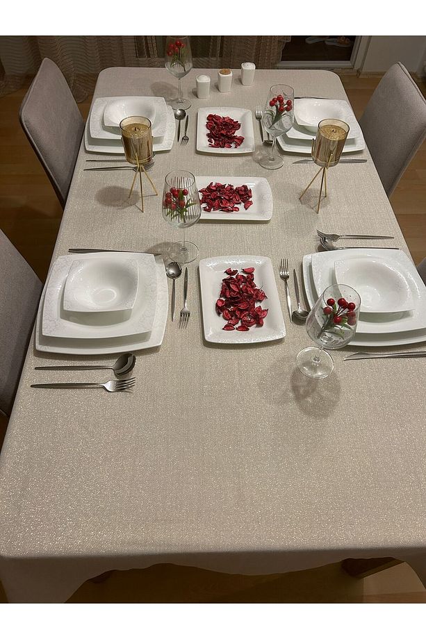 Polyester Keten Linen Simli Masa Örtüsü Gold - 8