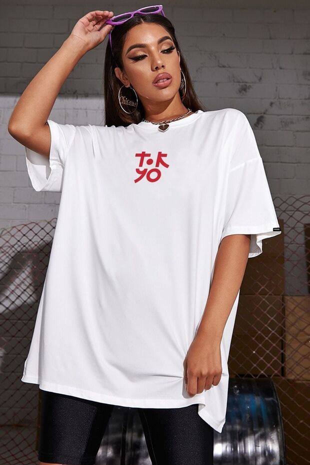 Oversize Tokyo Baskılı Beyaz Tshirt - 1