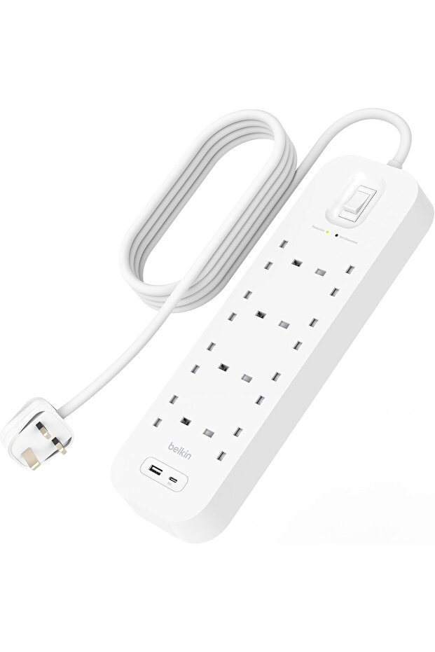 8-Outlet Surge Protector, Wall-Mountable, 2M Cord, USB-C/USB-A Ports, 900 Joules, Fast Charging