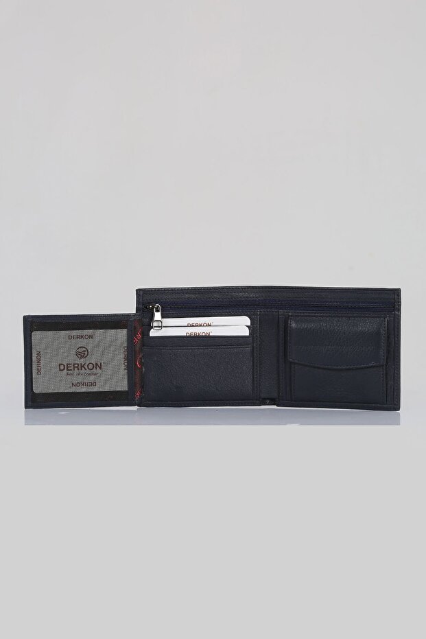 Flat Genuine Leather Men's Wallet with Zipper Detail, Navy Blue
