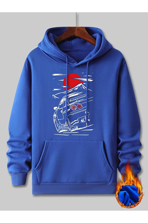 Unisex Car at Sunset Printed Oversized Winter 3 Thread 100% Cotton K Hooded Sweatshirt Hoodie