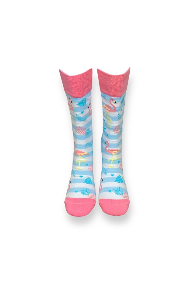 Tekli Unisex Esnek Flamingo Desenli Bebe Mavisi Renkli Nefes Alabilen Soket Çorap - 3