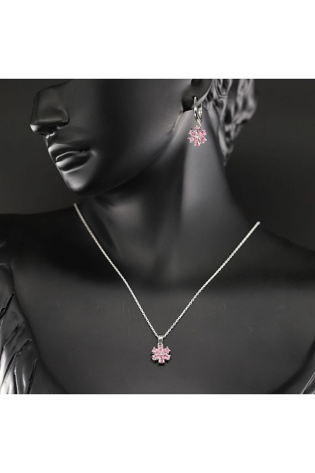 Lotus Çiçeği Gümüş Takı Seti, Pembe Takı Seti, Yüzük - Küpe - Kolye Set - 4