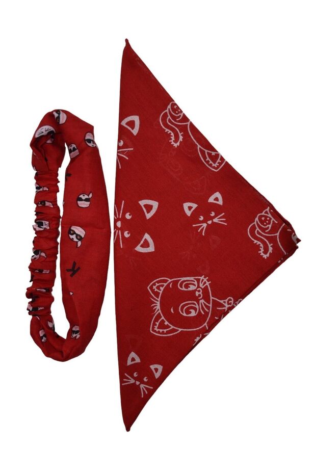 Cat Patterned Square Bandana and Elastic Parachute Bandana Set