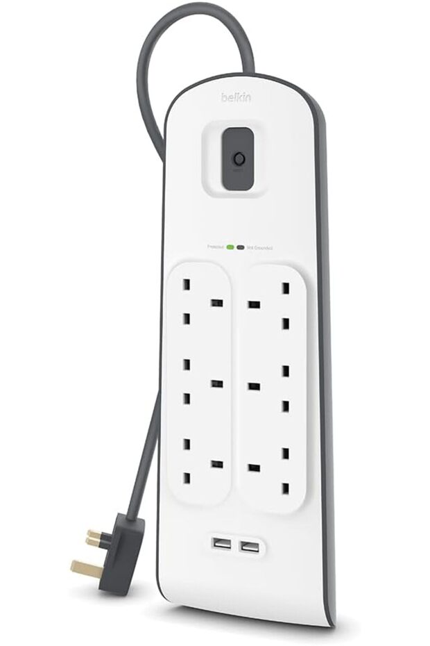 6 Plug Surge Protector with 2M Cord, 2x2.4A USB Ports - Heavy Duty Extension Socket