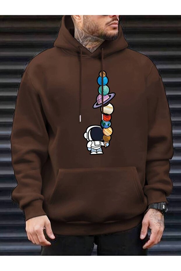 Unisex Astronaut and Planets Printed Oversized Winter 3 Thread 100% Cotton K Hooded Sweatshirt Hoodie