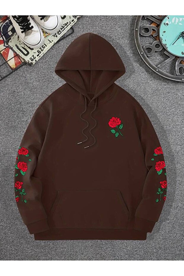 Unisex Roses Printed Oversized Winter 3-Thread 100% Cotton Hooded Sweatshirt Hoodie