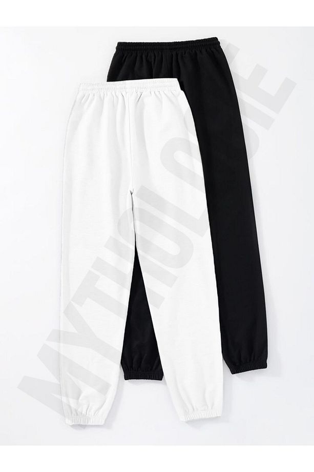 Unisex Kadın/Erkek 2-li Jogger Eşofman Altı - Siyah Ve Gri Lastik Paça Yüksek Bel Kışlık - 2