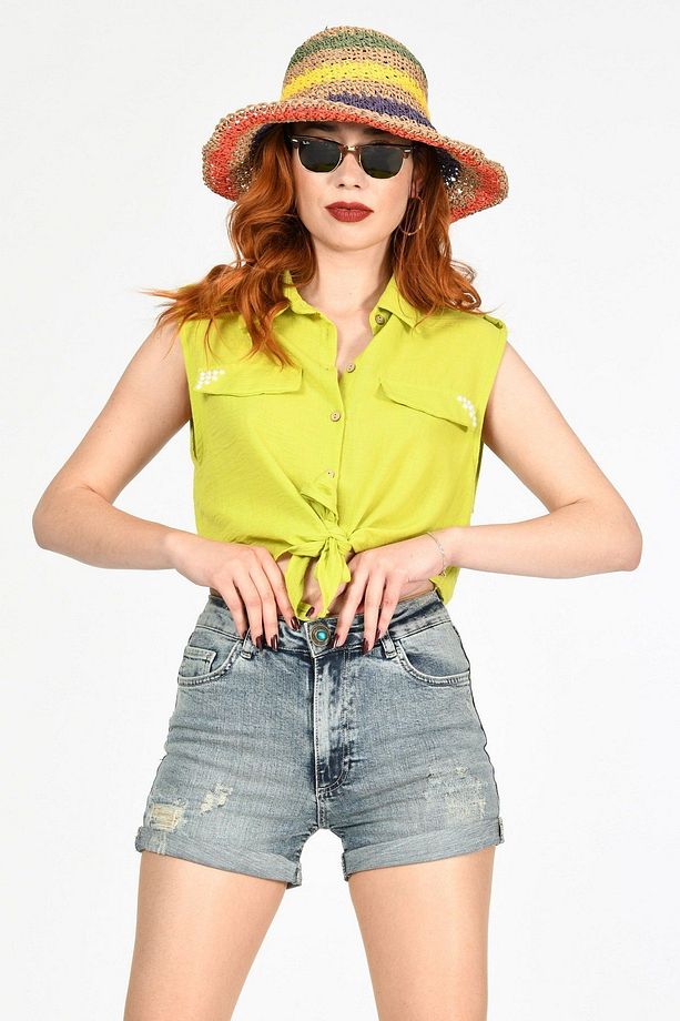 Whatsup Duble Paça Yüksek Bel Denim Şort - 4