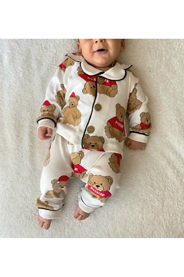 Unisex Baby Teddy Bear Teddy Bear Printed Nightgown Set - Front Buttoned Pajamas (6-24 Months)