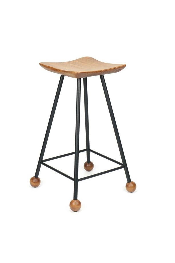 Tabure Sandalye Bar Taburesi 65 Cm Kavisli Kare Oturma Yeri Tabure Ahşap Demir Ayaklı Ahşap Topuzlu - 1