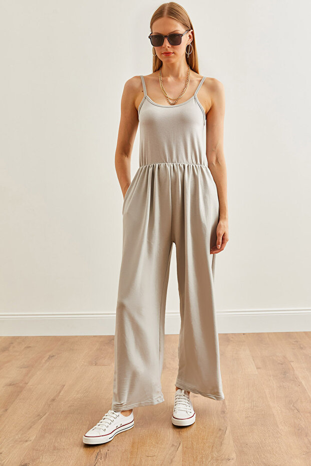 Women's Gray Elastic Waist Strap Soft Textured Jumpsuit Tlm- 19000155