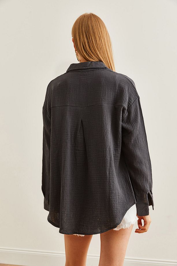 Kadın Antrasit Oversize Basic Müslin Gömlek GML-19001217 - 2